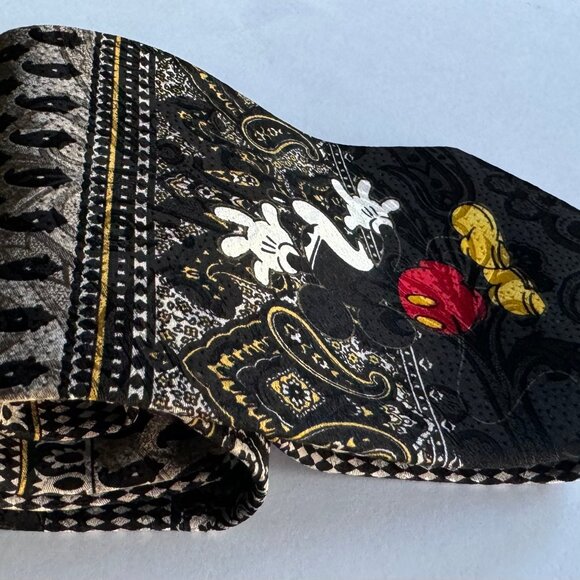 VTG NECKTIE DISNEY LEEDS INT'L MICKEY MOUSE PAISLEY PRINT SILK BLACK BEIGE RED - Picture 5 of 10
